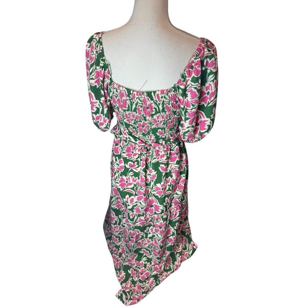 Ana And Rose Womens Green Pink Floral Puff Sleeve Midi Dress Tie Waist Milk Maid
